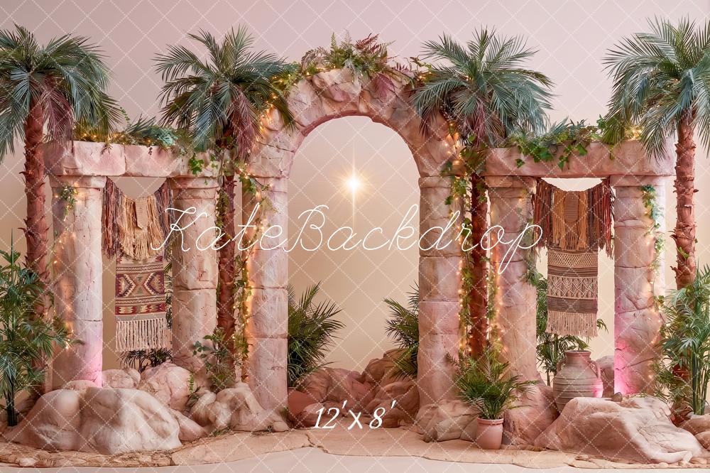 Kate VBS Stage Stone Arch Palms Star Pink Printed Backdrop Designed by Angela Miller