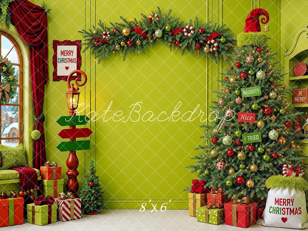 Kate Christmas Elf Green Tree Garland Window Shelf  Printed Backdrop Designed by Shutter Swan Studios