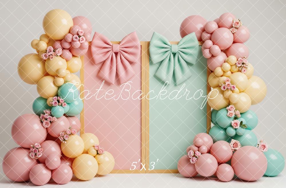 Kate Cake Smash Pastel Balloon Arch Flowers Bows Printed Backdrop Designed by Patty Roberts