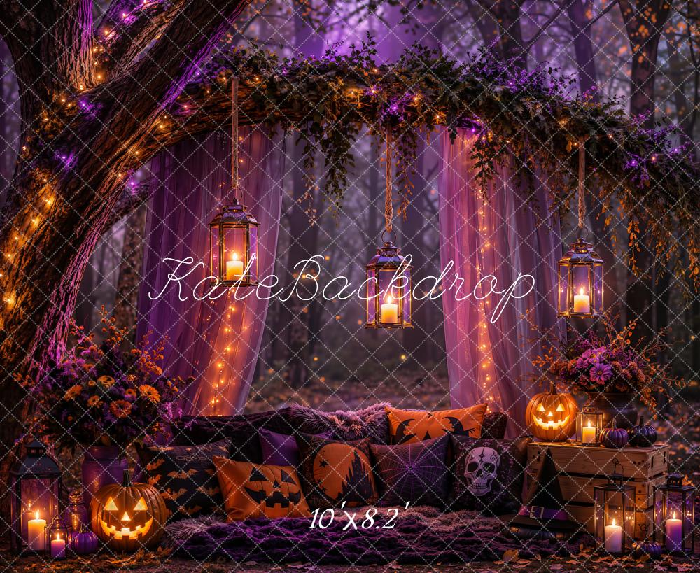 Kate Halloween Night Branch Arch Purple Drapes Pillows Lanterns Pumpkin Printed Backdrop Designed by Emetselch