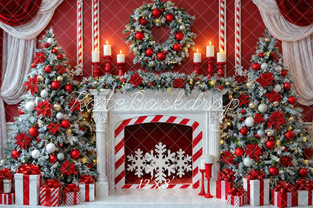 Kate Christmas Red Fireplace Snowflake Tree Wreath Gifts Curtains Printed Backdrop Designed by Mini MakeBelieve