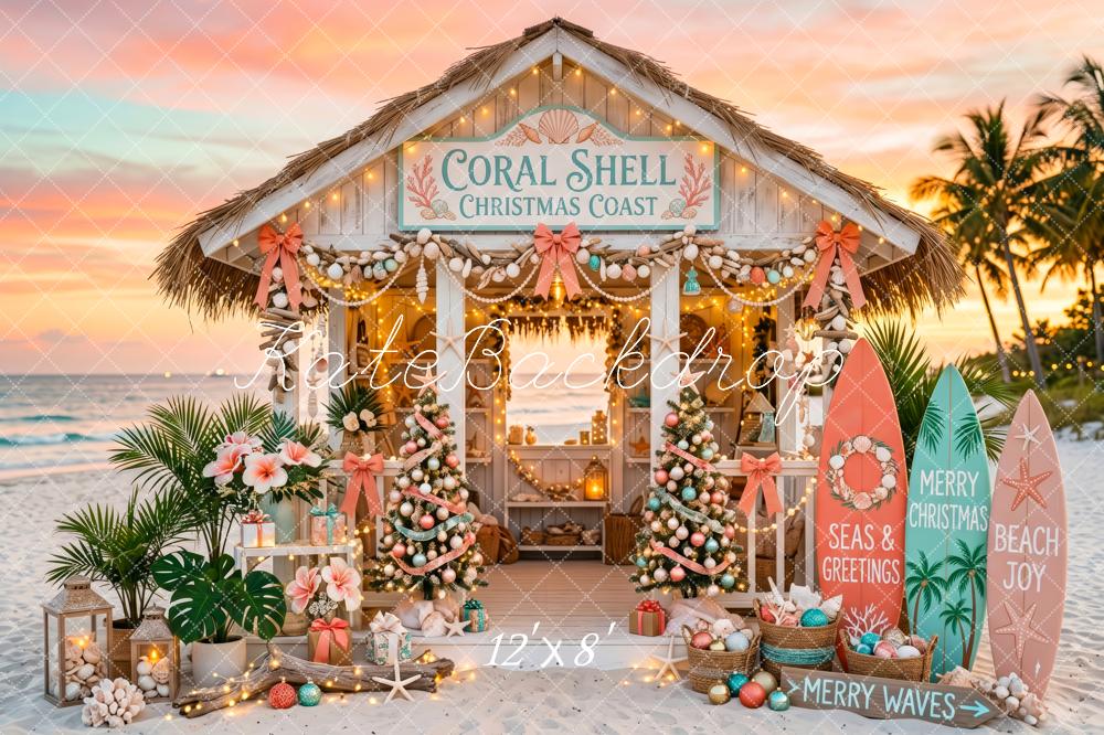 Kate Christmas Beach Cabana Surfboards Palm Trees Printed Backdrop Designed by Patty Roberts