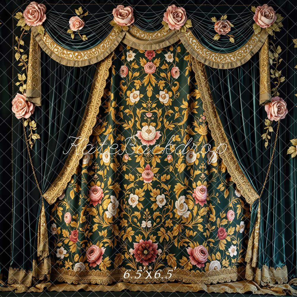 Kate Vintage Renaissance Curtain Curtain Gold Trim Pink Roses Backdrop Designed by Mini MakeBelieve