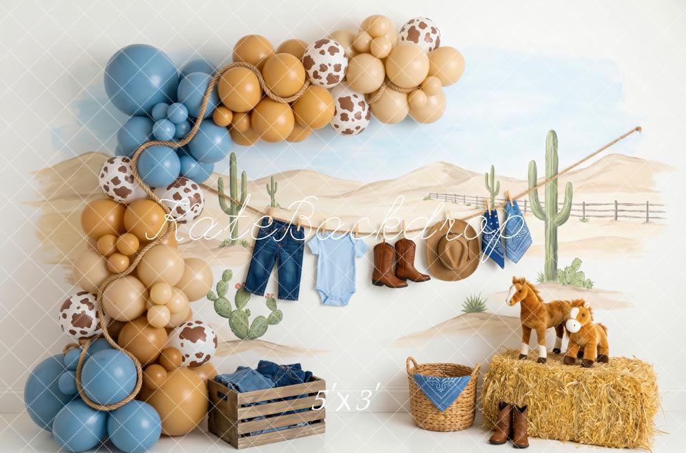Kate Birthday Western Cowboy Cactus Desert Balloons Clothesline Printed Backdrop Designed by Patty Roberts
