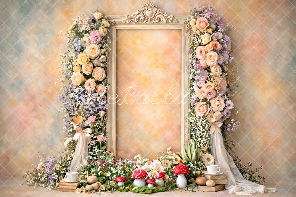 Kate Fairy Flower Arch Vintage Frame Mushrooms Pastel Printed Backdrop Designed by Mini MakeBelieve