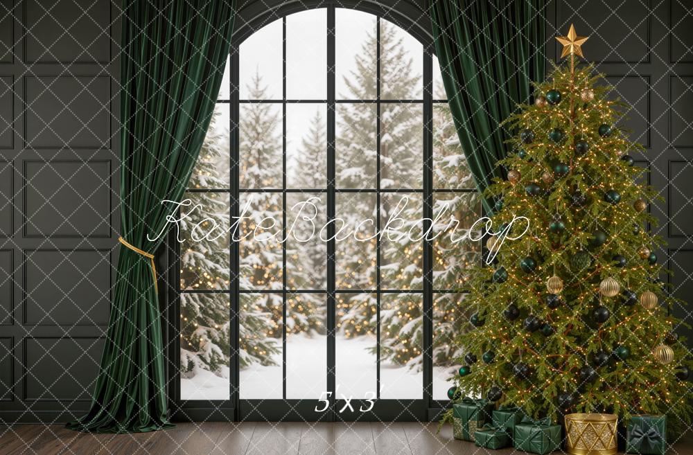 Kate Christmas Tree Window Green Curtains Printed Backdrop Designed by Mini MakeBelieve