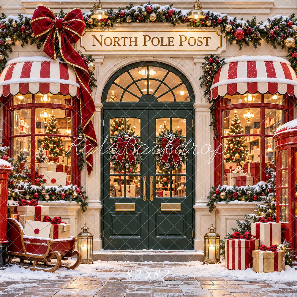 Kate Christmas North Pole Post Office Storefront Red Green Snow Printed Backdrop Designed by Emetselch