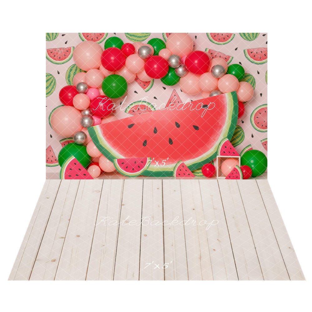 Kate Summer Watermelon Balloon Garland Fruit Pattern Backdrop+Beige Wood Plank Floor Backdrop