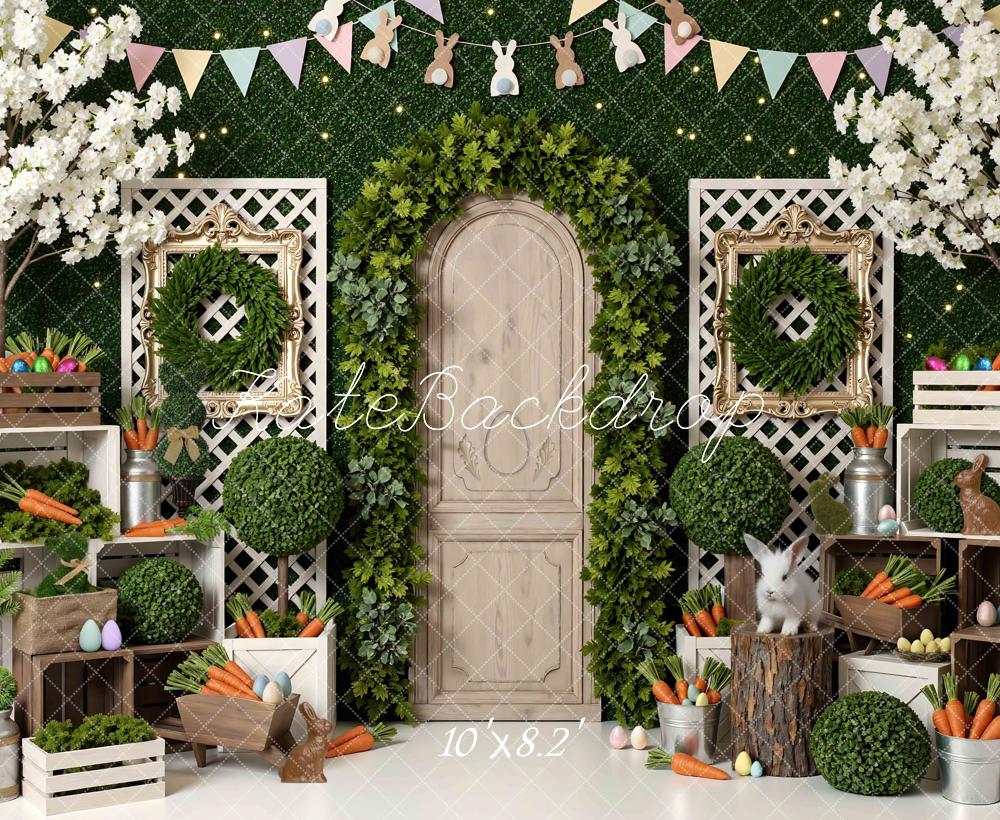 Kate Easter Bunny Greenery Door Carrots Eggs Backdrop Designed by Mini MakeBelieve