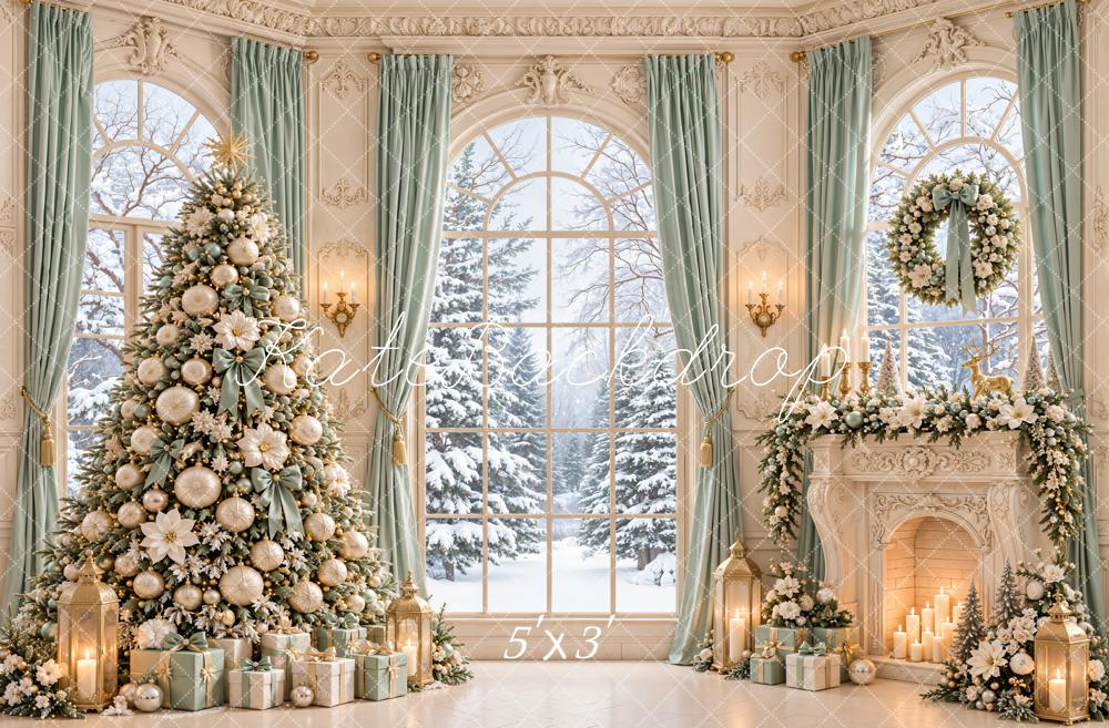 Kate Christmas Tree Fireplace Wreath Snowy Window Printed Backdrop Designed by Emetselch
