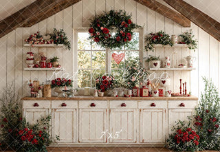 Kate Valentine's Day Rustic White Kitchen Red Roses Window Printed Backdrop Designed by Emetselch