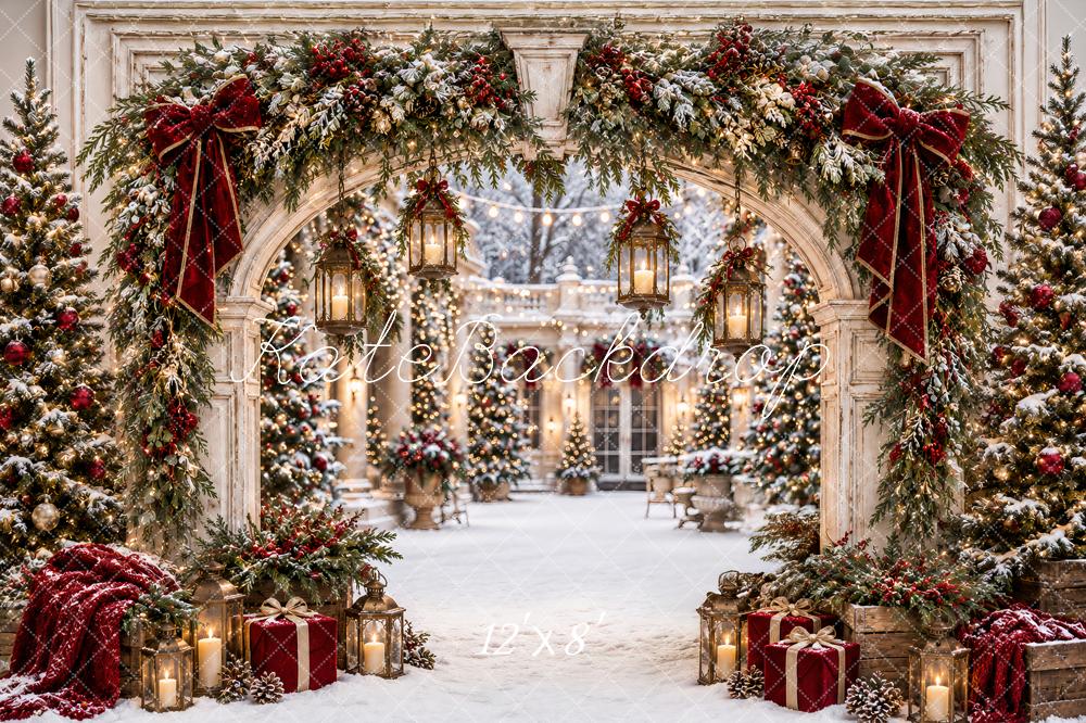Kate Christmas White Archway Red Velvet Garland Trees Lanterns Printed Backdrop Designed by Ashley Paul