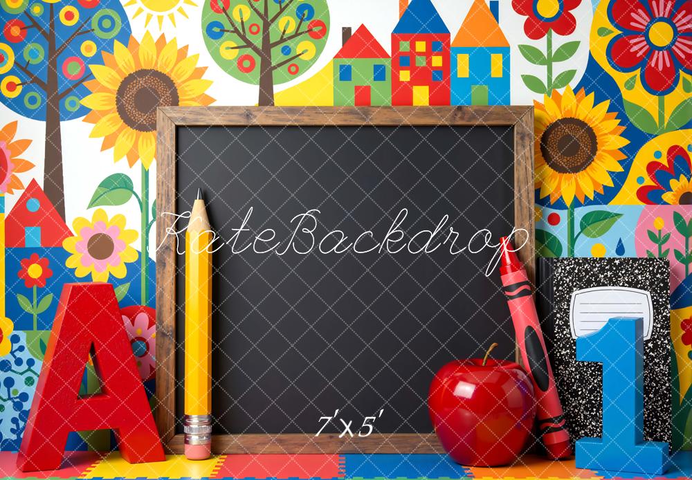 Kate Back to School Chalkboard Colorful Houses Sunflowers Backdrop Designed by Mini MakeBelieve