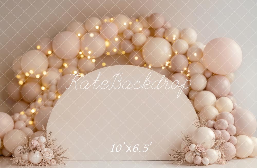 Kate Cake Smash Neutral Balloon Arch with Floral Arrangements and Fairy Lights Printed Backdrop Designed by Emetselch