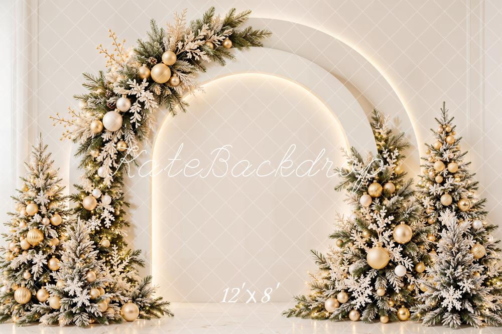 Kate Christmas Tree Arch Garland  Lights White Wall Printed Backdrop Designed by Emetselch