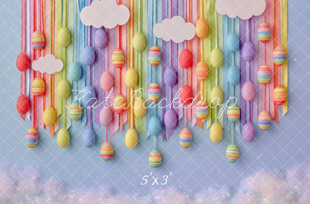 Kate Easter Kids Hanging Eggs Rainbow Clouds Printed Backdrop Designed by Angela Miller