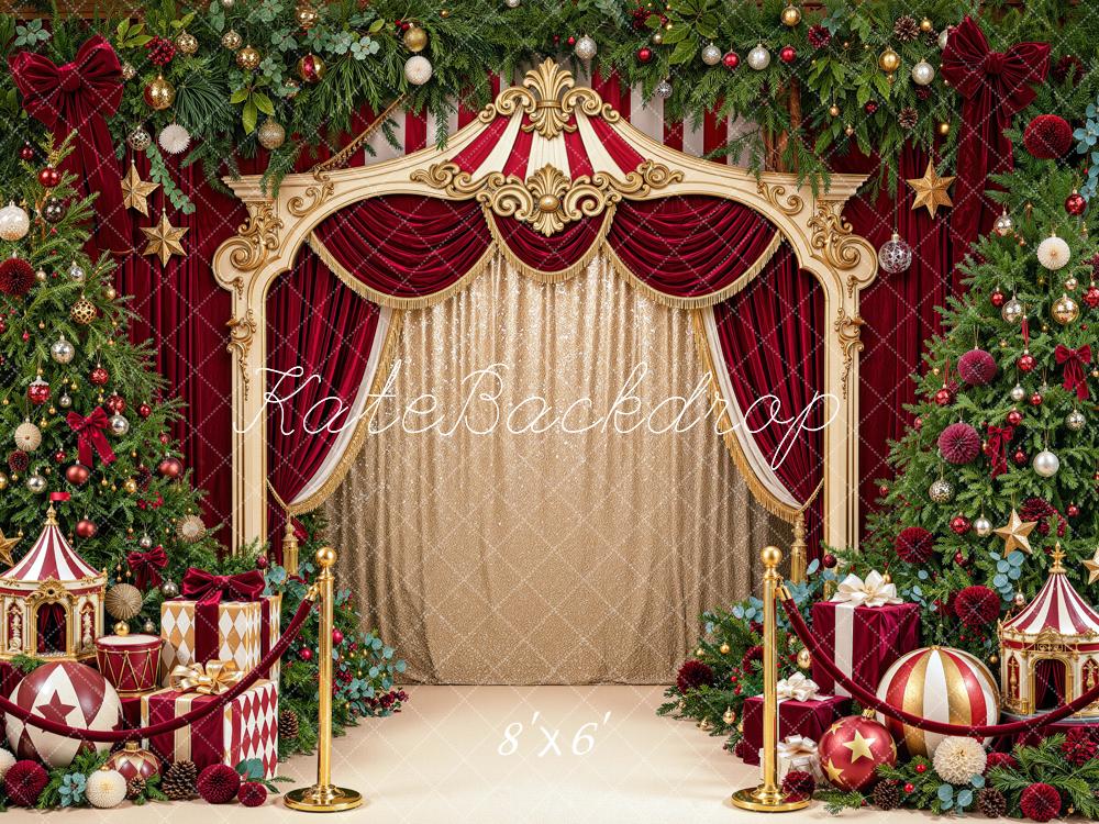 Kate Christmas Trees Carousel Circus Red Curtains Ball Printed Backdrop Designed by Mini MakeBelieve