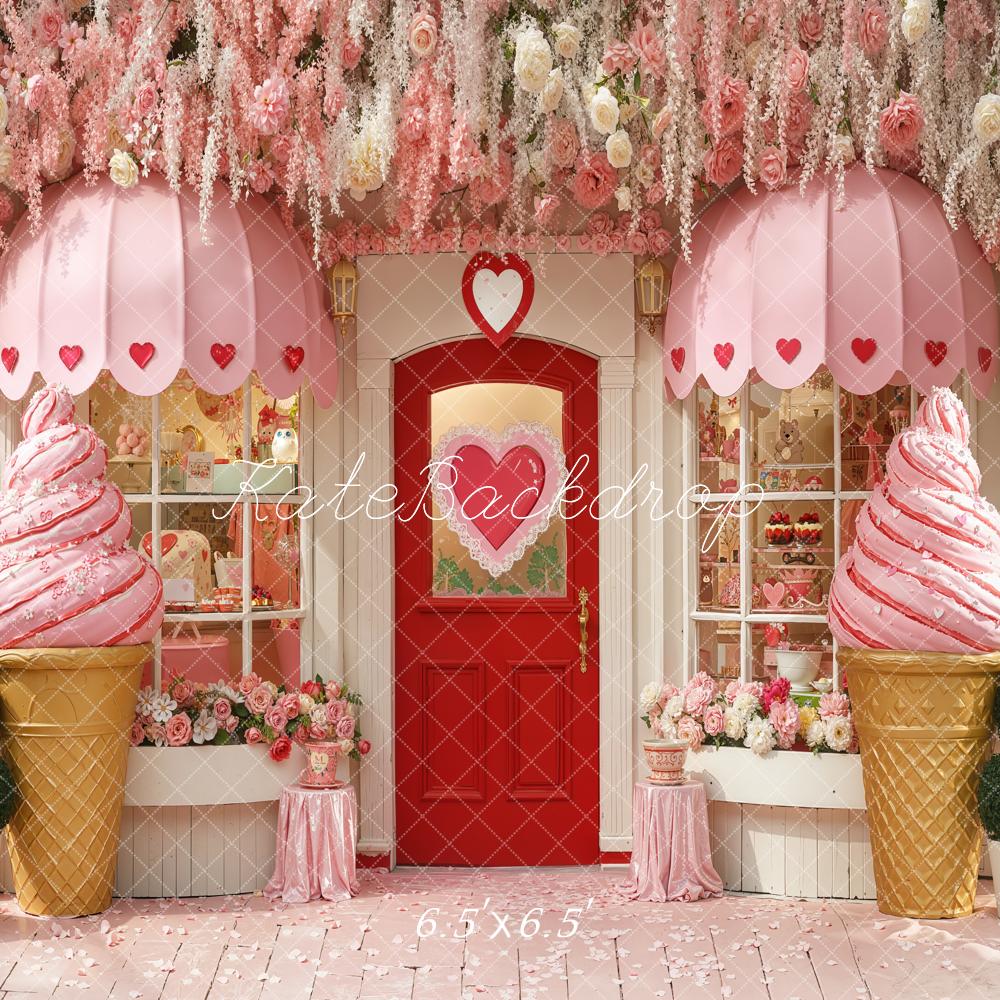 Kate Valentine's Day Pink Ice Cream Parlor Heart Door Flower Garland Backdrop Designed by Chain Photography