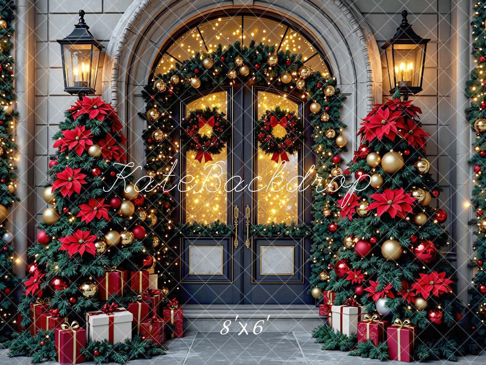 Kate Christmas Doorway Red Poinsettia Garland Tree Backdrop Designed by Mini MakeBelieve