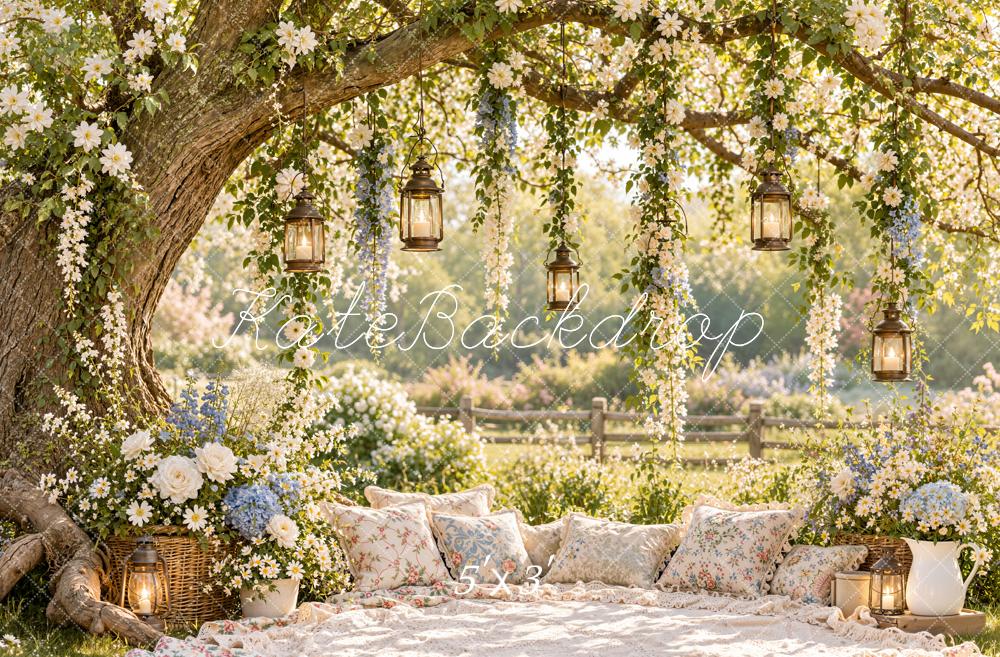 Kate Spring Branch Arch Floral Tree Picnic Hanging Lanterns Printed Backdrop Designed by Emetselch