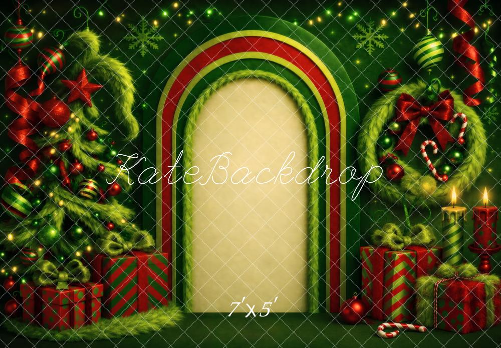 Kate Christmas Whimsical Green Arch Tree Wreath Candles Gifts Printed Backdrop Designed by Vertigo Productions