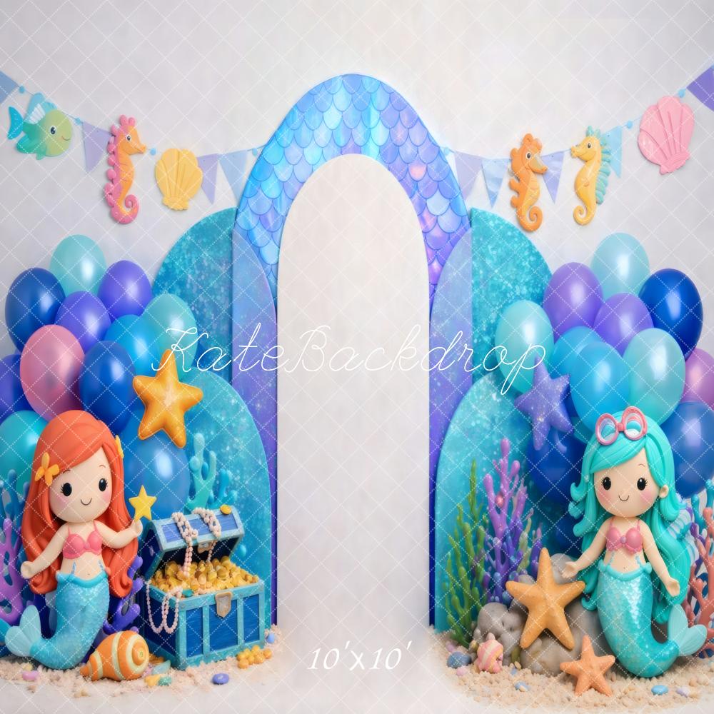 Kate Mermaid Balloon Arch Treasure Chest Starfish Printed Backdrop Designed by Vertigo Productions