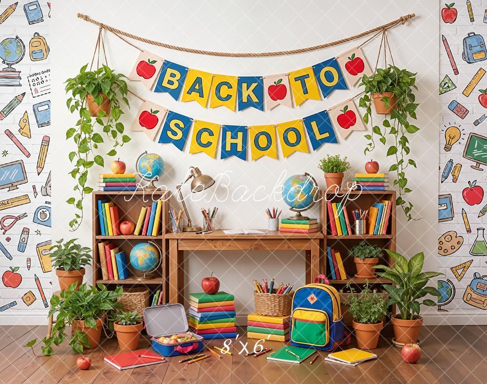 Kate Back To School Classroom Desk Books Plants Globe Backdrop Designed by Emetselch