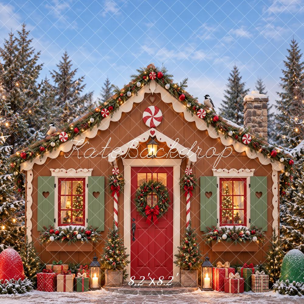 Kate Christmas Gingerbread Cottage Candy Cane Snowy Forest Printed Backdrop Designed by Vertigo Productions