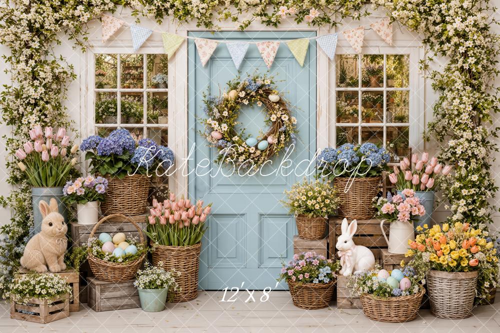 Kate Easter Spring Flower Arch Blue Door Bunny Bunting Printed Backdrop Designed by Emetselch
