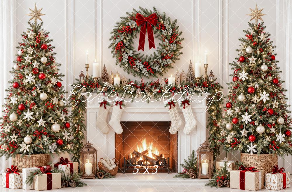 Kate Christmas Fireplace Trees Wreath Stockings White Printed Backdrop Designed by Emetselch