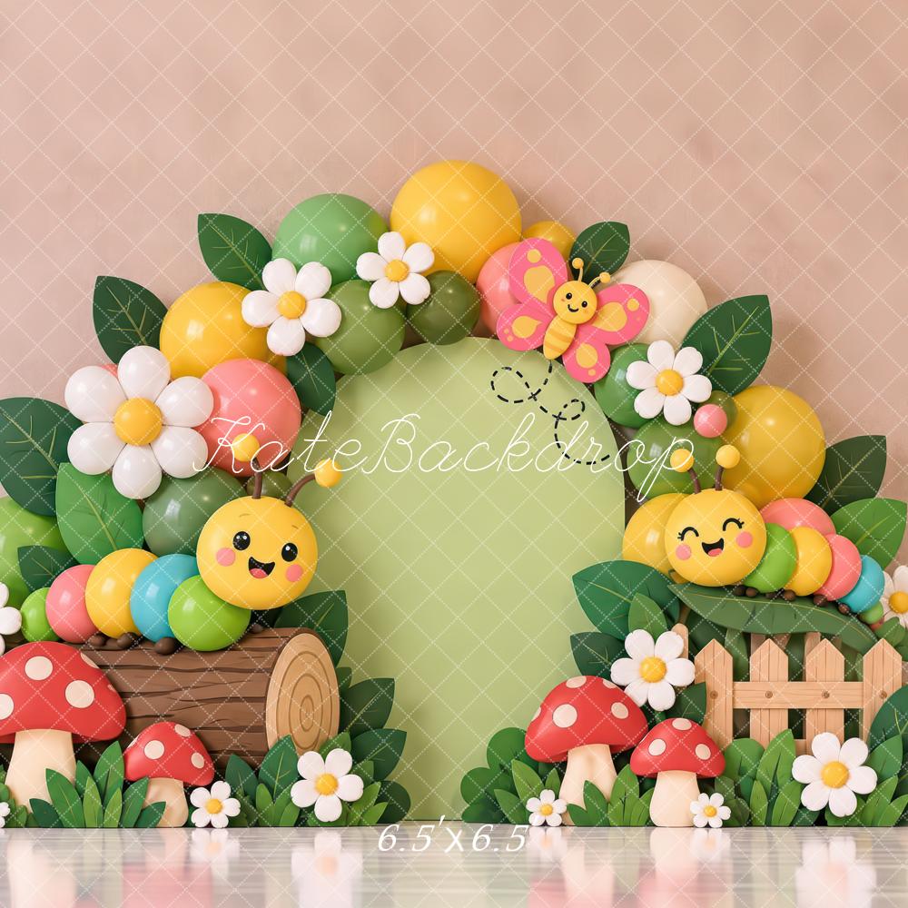 Kate Spring Cake Smash Garden Caterpillars Flowers Mushrooms Printed Backdrop Designed by Laura Bybee