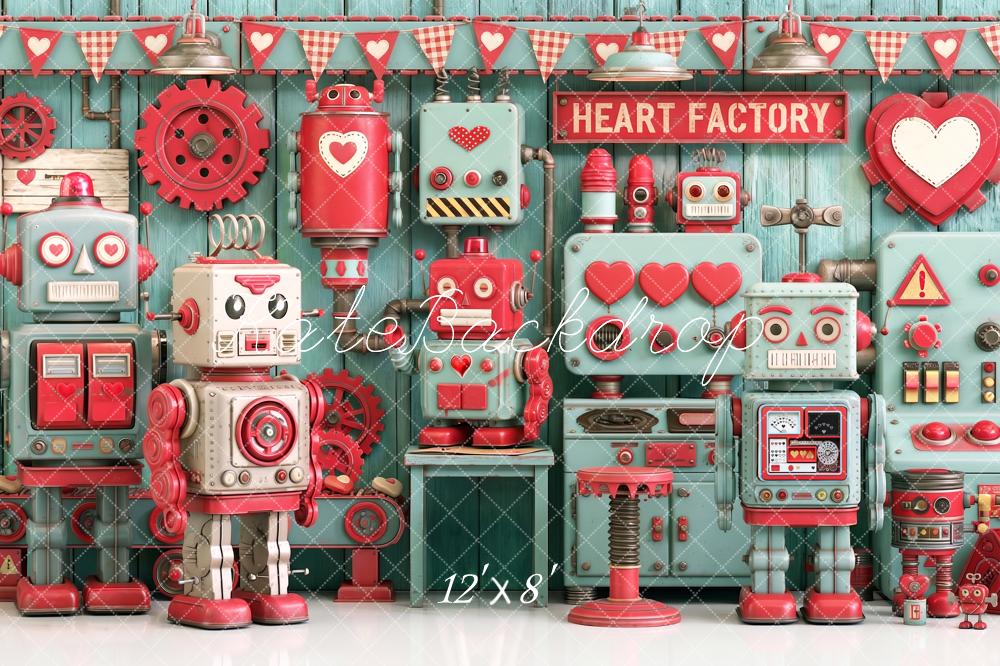 Kate Valentine's Day Robot Heart Factory Printed Backdrop Designed by Angela Miller