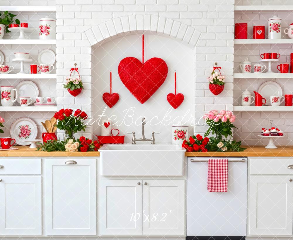 Kate Valentine's Day Red Hearts White Brick Kitchen Backdrop Designed by Patty Roberts