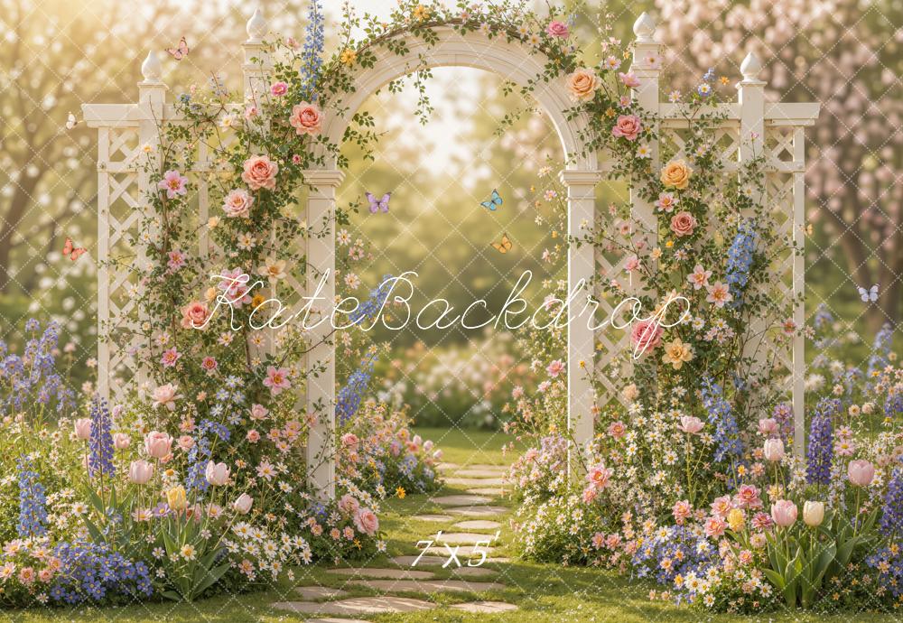 Kate Spring Romantic Flower Arch Garden Pathway Butterflies Printed Backdrop Designed by Emetselch