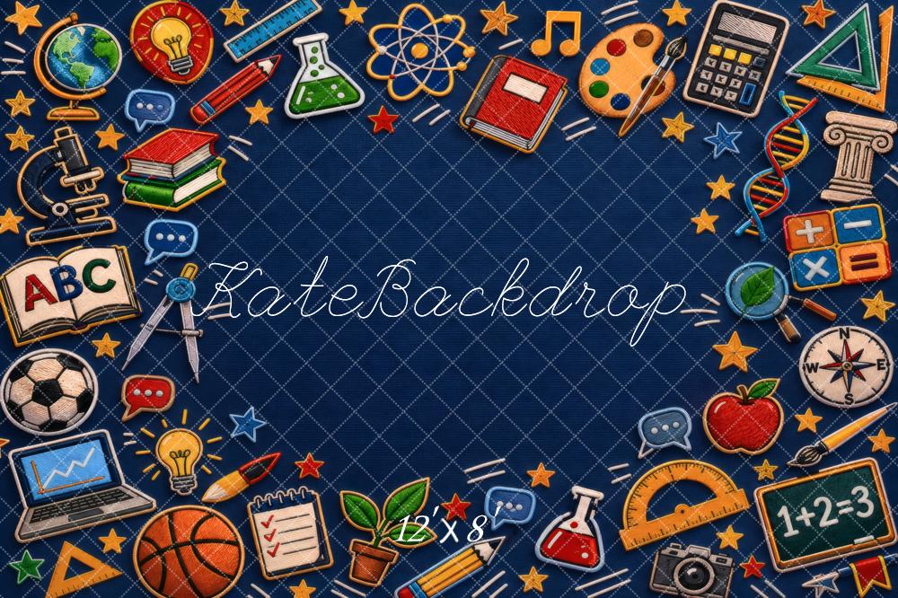 Kate Back To School Blue Books Globe Calculator Art Sports Printed Backdrop Designed by Vertigo Productions