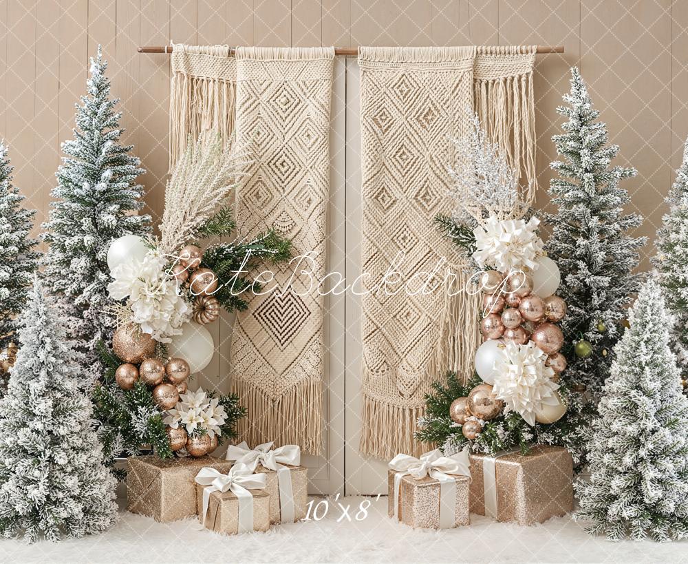 Kate Christmas Boho Macrame Frosted Trees Gift Boxes Backdrop Designed by Emetselch