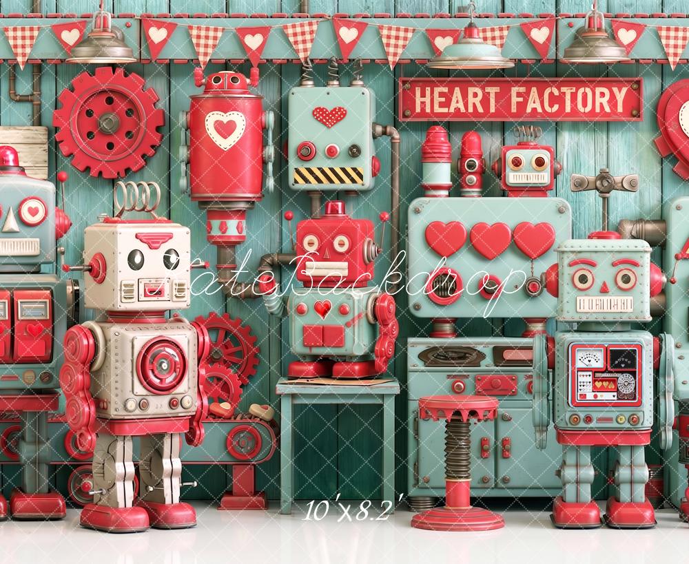 Kate Valentine's Day Robot Heart Factory Printed Backdrop Designed by Angela Miller