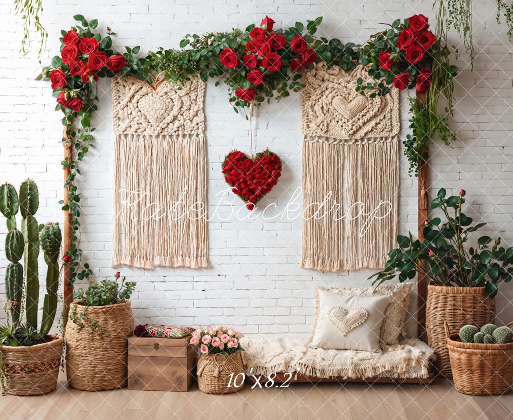 Kate Valentines Boho Macrame Heart Red Roses Greenery White Wall Backdrop Designed by Emetselch