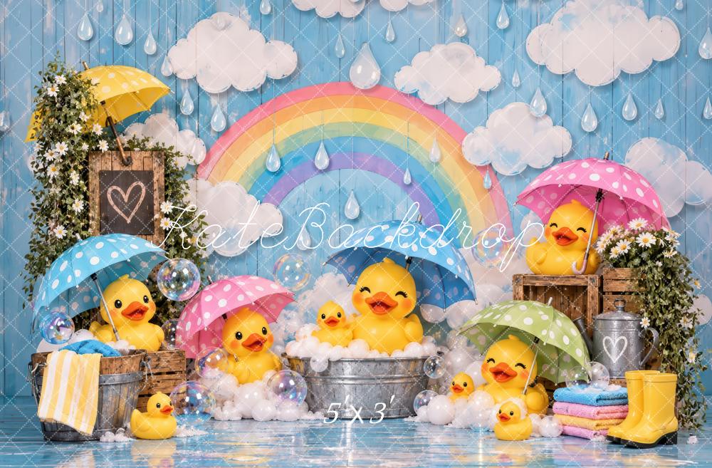 Kate Baby Shower Spring Blue Rainy Day Ducks Umbrellas Rainbow Printed Backdrop Designed by Laura Bybee