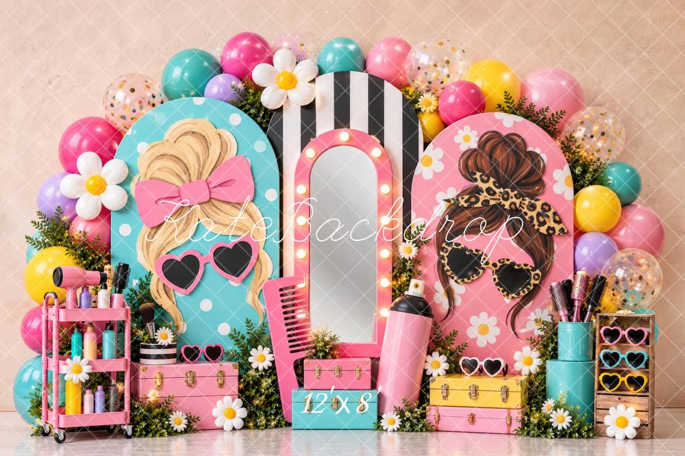 Kate Cake Smash Pink Retro Beauty Salon Vanity Mirror Printed Backdrop Designed by Laura Bybee
