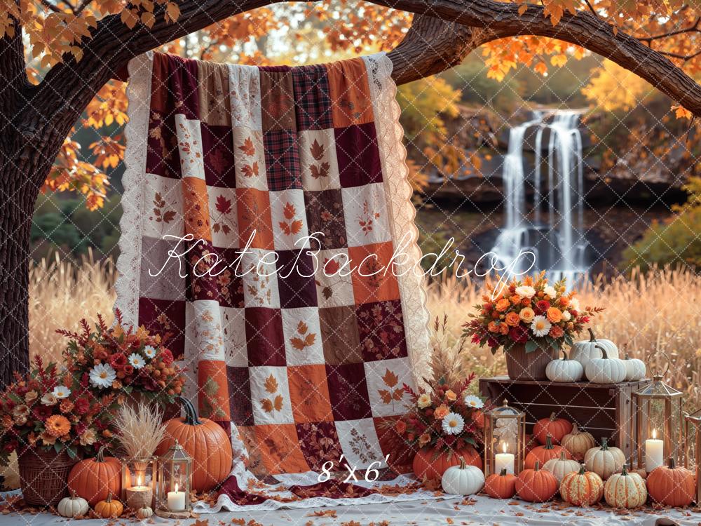 Kate Fall Blanket Branch Arch Pumpkins Waterfall Floral Printed Backdrop Designed by Mini MakeBelieve