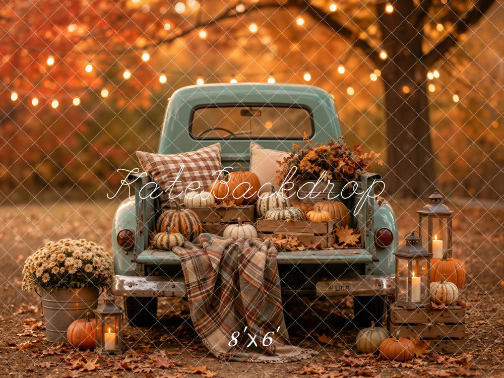 Kate Fall Vintage Truck Plaid Blanket Pumpkins Lanterns Forest  Printed Backdrop Designed by Emetselch