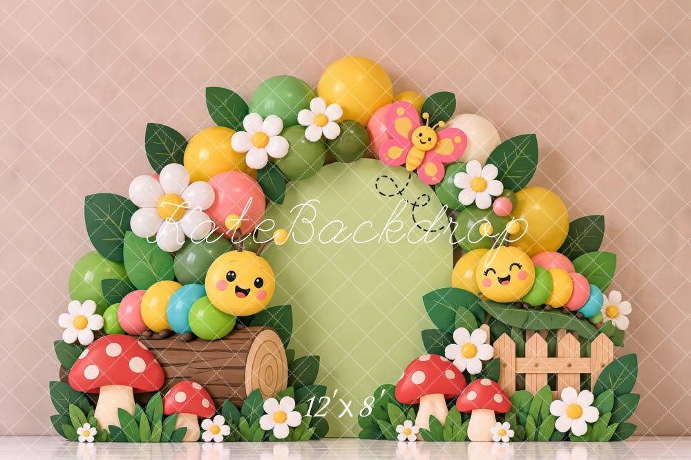 Kate Spring Cake Smash Garden Caterpillars Flowers Mushrooms Printed Backdrop Designed by Laura Bybee