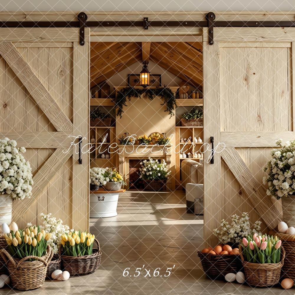 Kate Easter Bunny Barn Door Flowers Eggs Baskets Backdrop Designed by Mini MakeBelieve