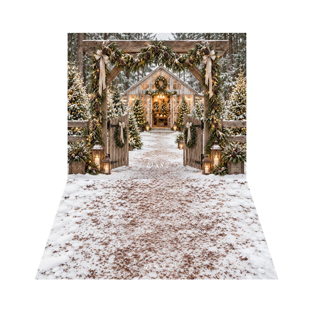 Kate Christmas Snowy Cabin Garland Gate Printed Backdrop+Winter White Snowy Floor Printed Backdrop