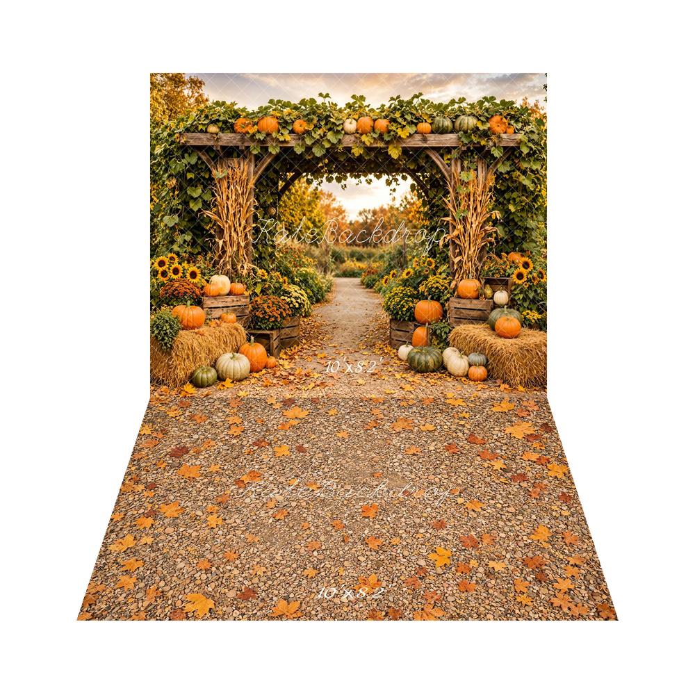 Kate Fall Floral Archway Pumpkin Sunflowers Hay Bales Printed Backdrop+Fall Pebble Ground Maple Leaves Floor Printed Backdrop