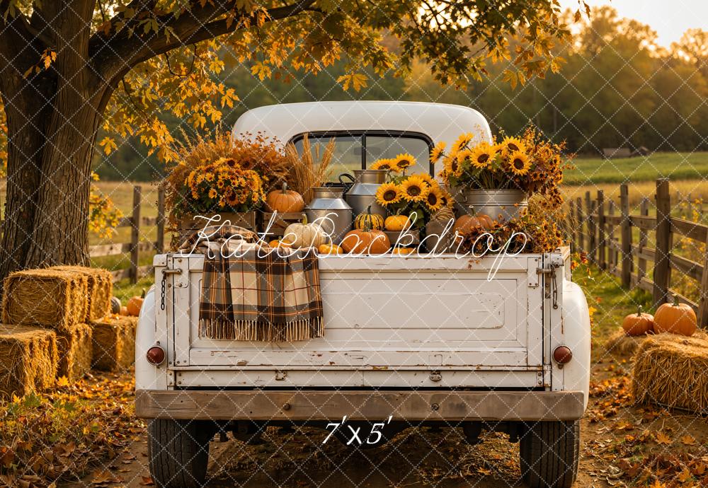 Kate Fall White Truck Rustic Sunflowers Pumpkins Hay Bales Printed Backdrop Designed by Emetselch