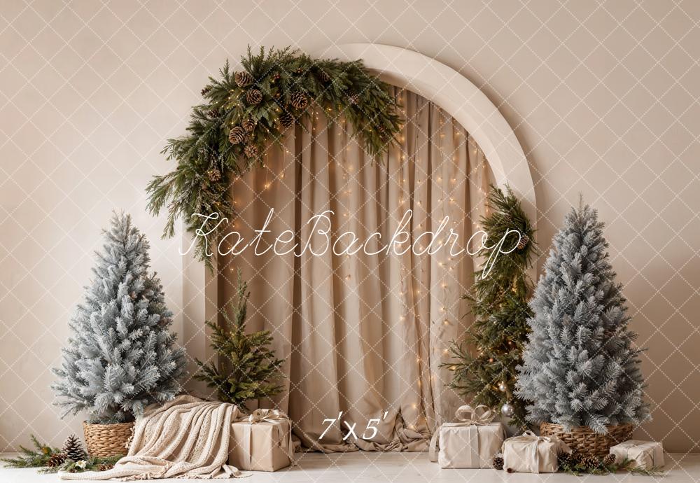 Kate Christmas Pine Arch Beige Drapes Garland Trees Gifts Printed Backdrop Designed by Emetselch