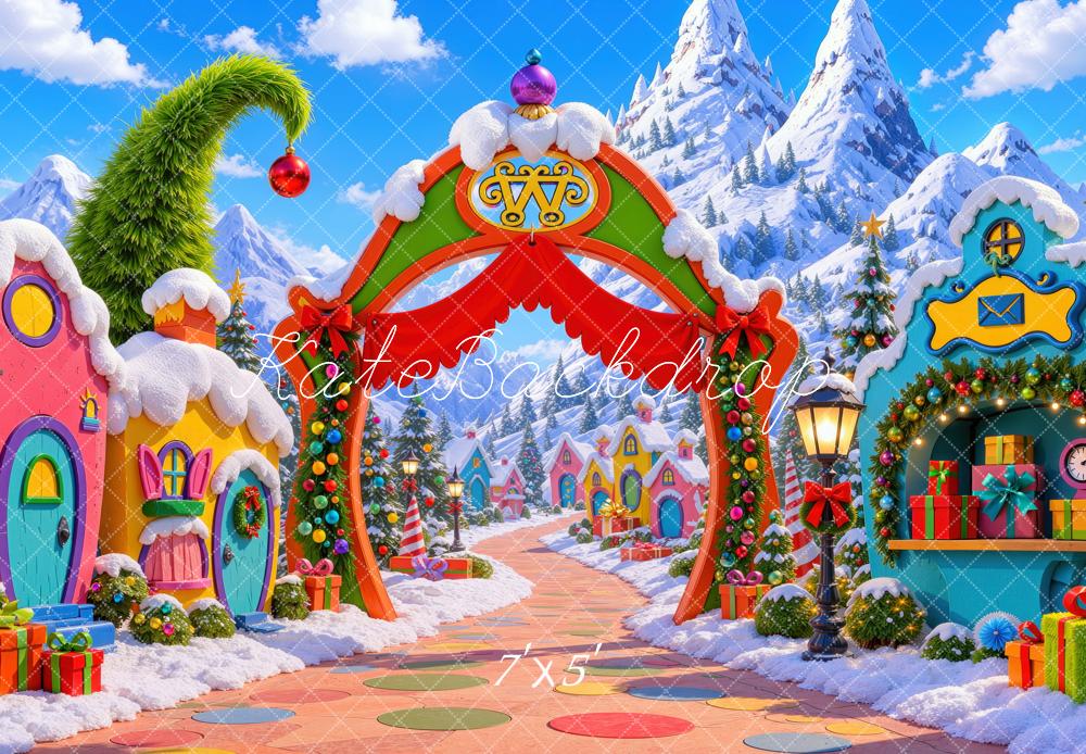 Kate Christmas Whimsical Whoville Village Arch Snowy Mountains Printed Backdrop Designed by Mini MakeBelieve