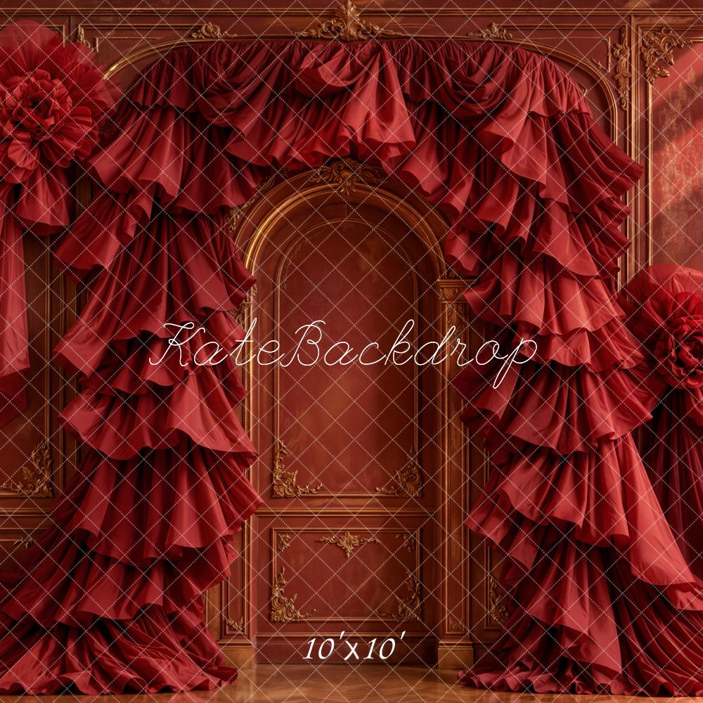 Kate Romantic Red Ruffled Drapery Fabric Rosettes Ornate Retro Wall Printed Backdrop Designed by Emetselch
